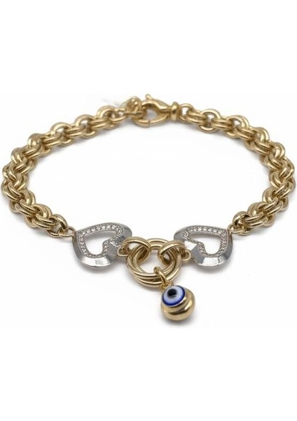 925 Ayar Gümüş Nazar Boncuklu Kalp Gold Bileklik