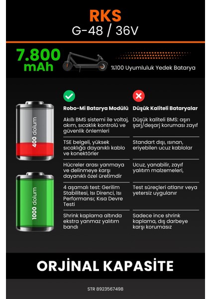 Rks G-48 / 36V 7800MAH Elektrikli Scooter Bataryası - Yüksek Yoğunluklu Li-Ion Hücre