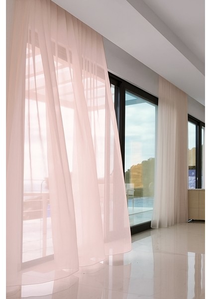 Dökümlü Düz Tül Perde - Açık Pembe - Pileli Dikim 1x2,5 Pile - PN466