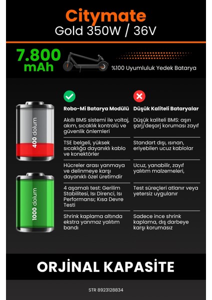 Citymate Gold 350W / 36V 7800MAH Elektrikli Scooter Bataryası - Yüksek Yoğunluklu Li-Ion Hücre
