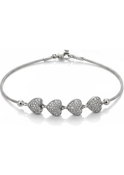 925 Ayar Gümüş Sıralı Kalp Bileklik Kadın