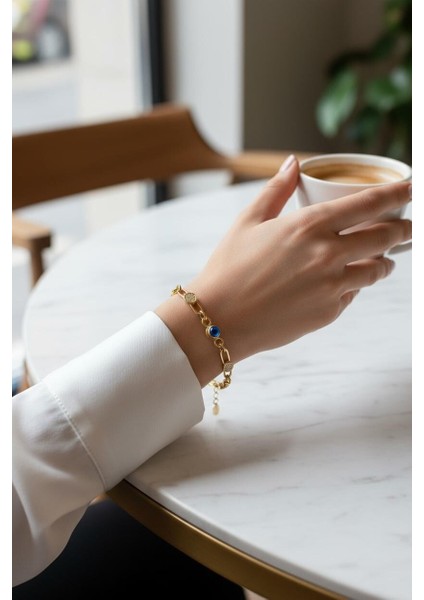 925 Ayar Gümüş Nazar Boncuklu Ataç Gold Bileklik Kadın fiyatları