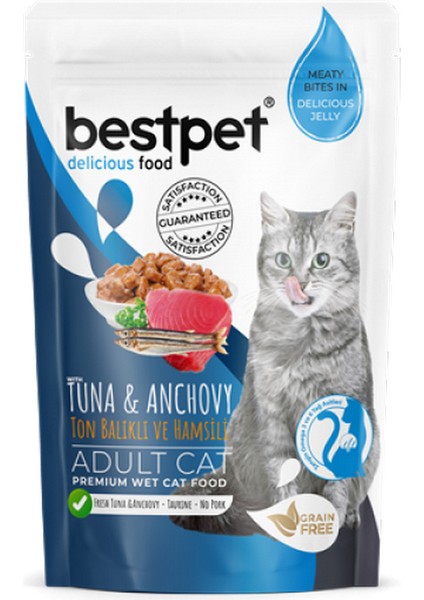 Zengezur Bestpet 85 gr x 24 Adet Yetişkin Kediler Için, Tahılsız, Jöle Içinde Tuna ve Hamsi Parça Etli Yaş Mama