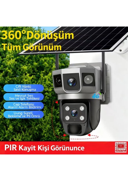 4G LTE Güneş Enerjili Güvenlik Kamerası - SIM Kartlı, Tamamen Kablosuz, 3 Lens ile Kör Nokta Yok, 2 Yönlü Ses, Gece Görüşü, IP66, Bulut & SD Kart Destekli