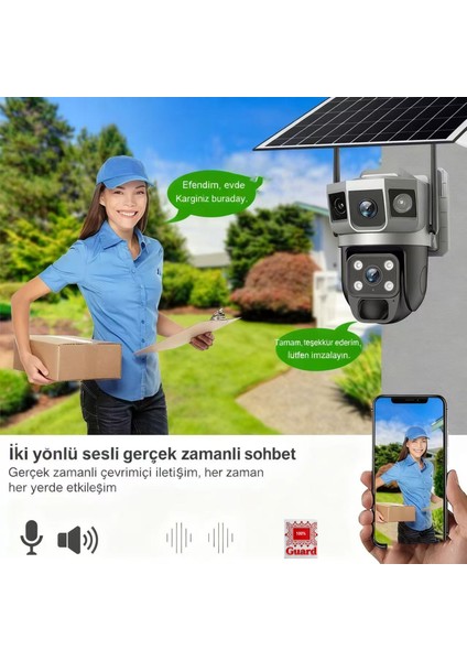 4G LTE Güneş Enerjili Güvenlik Kamerası - SIM Kartlı, Tamamen Kablosuz, 3 Lens ile Kör Nokta Yok, 2 Yönlü Ses, Gece Görüşü, IP66, Bulut & SD Kart Destekli