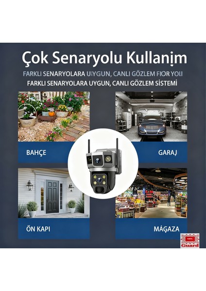 4G LTE Güneş Enerjili Güvenlik Kamerası - SIM Kartlı, Tamamen Kablosuz, 3 Lens ile Kör Nokta Yok, 2 Yönlü Ses, Gece Görüşü, IP66, Bulut & SD Kart Destekli