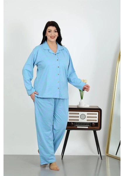 Kadın Büyük Beden Pamuklu Cepli Düğmeli Mavi Pijama Takım