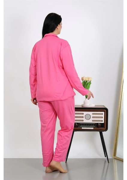 Kadın Büyük Beden Pamuklu Cepli Düğmeli Pembe Pijama Takım