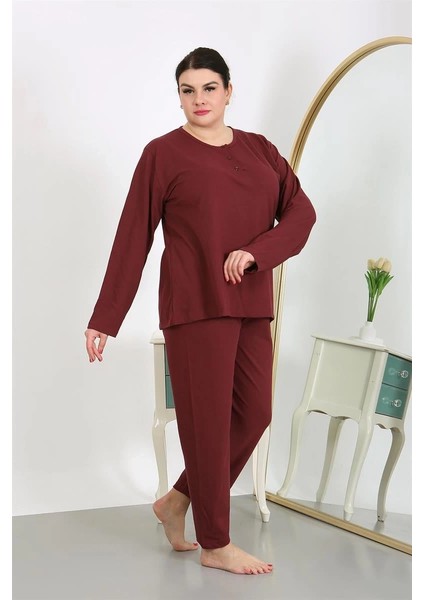 Kadın Büyük Beden Uzun Kol Penye Pijama Takımı Bordo