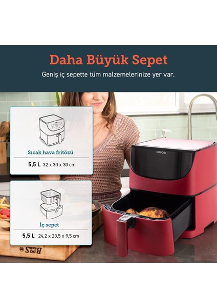 Kırmızı Xxl Yağsız Sıcak Hava Fritözü, 5,5 Lt, 1700 W