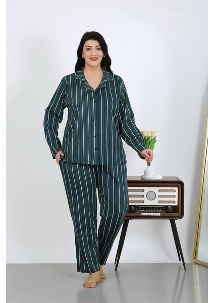 Kadın Büyük Beden Pamuklu Cepli Düğmeli Petrol Pijama Takım