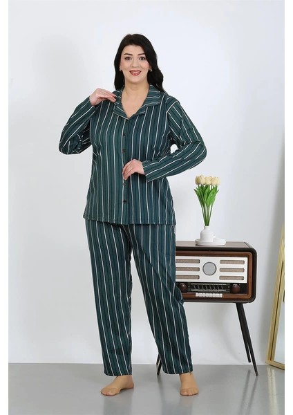 Kadın Büyük Beden Pamuklu Cepli Düğmeli Petrol Pijama Takım