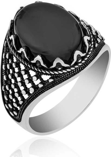 ​gümüş Oniks Taşlı Desenli Erkek Yüzük