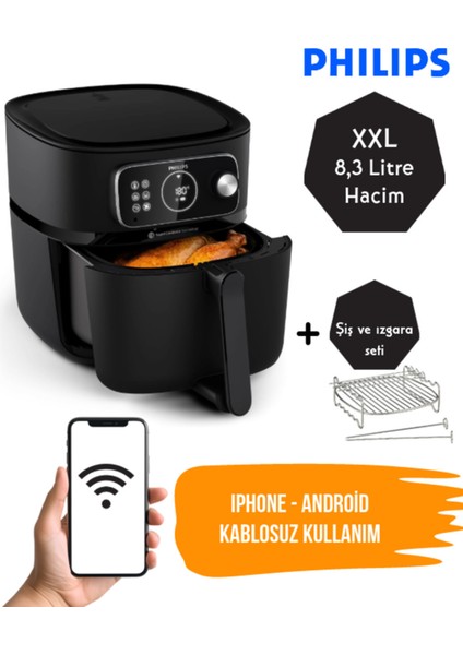 8,3l Wi-Fi Bağlantılı Zaman Ayarlı Yağsız Fritöz ve Izgara Seti, Siyah