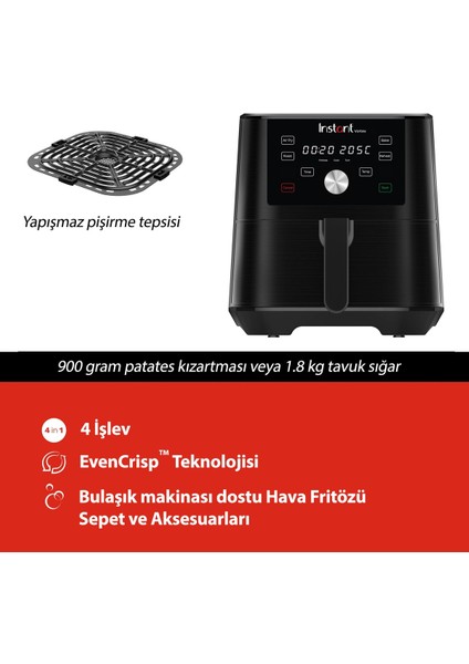 3.9 Litre 4 Fonksiyonlu Hava Fritözü, Siyah Renkli, Sağlıklı ve Pratik Kullanım