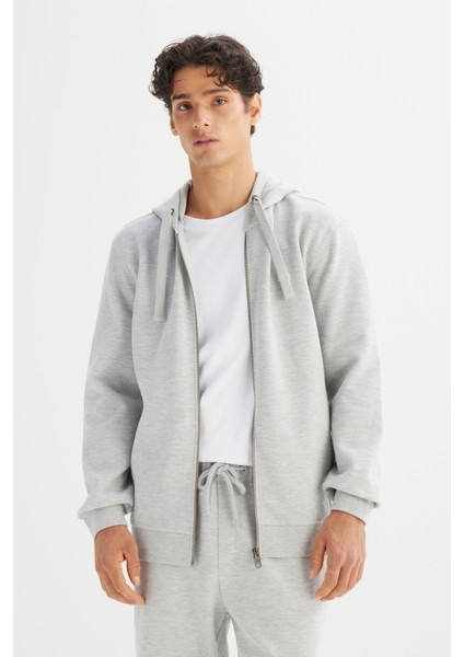 Regular Fit Normal Kesşim Kapüşonlu Fermuarlı Gri Melanj Sweatshirt Ceket