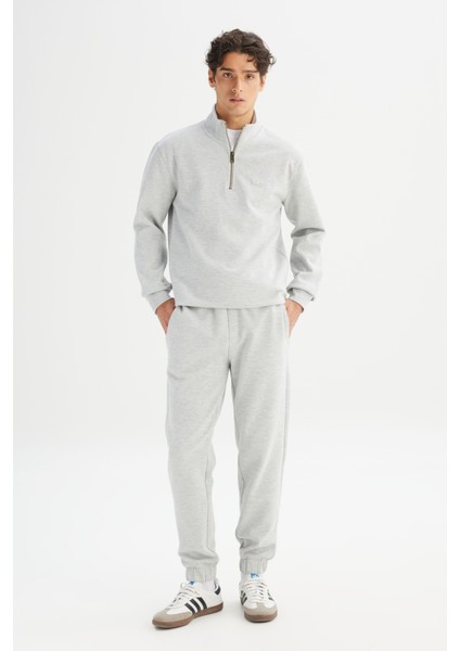 Regular Fit Normal Kesim Kapüşonlu Fermuar Detaylı Gri Melanj Sweatshirt fiyatları