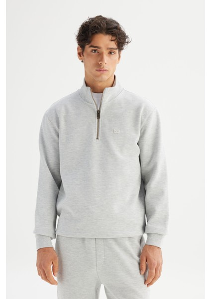 Regular Fit Normal Kesim Kapüşonlu Fermuar Detaylı Gri Melanj Sweatshirt modelleri