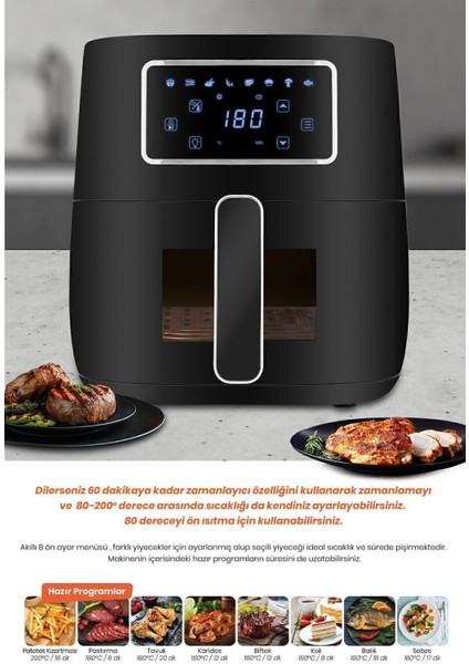 1700W Xl Dokunmatik 8 Ön Ayarlı Cam Kapaklı Aydınlatmalı Sıcak Hava Fritözü fiyatları