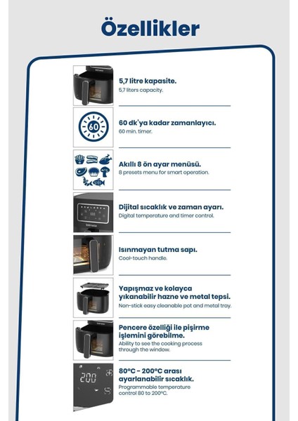 1700W Xl Dokunmatik 8 Ön Ayarlı Cam Kapaklı Aydınlatmalı Sıcak Hava Fritözü