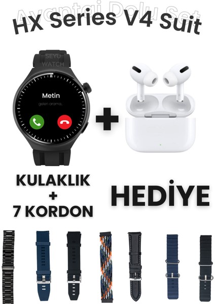 Hx Series V4 Yuvarlak Akıllı Saat, 7 Kordon ve Kulaklık Hediyeli Siyah