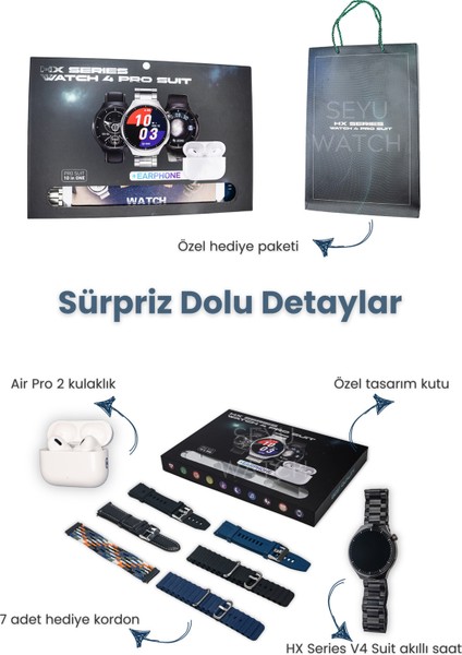 Hx Series V4 Yuvarlak Akıllı Saat, 7 Kordon ve Kulaklık Hediyeli Siyah fiyatları