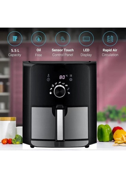 Yüksek Performanslı 1700W 5.5l Kapasiteli Hacimli Yağsız Fritöz Siyah modelleri