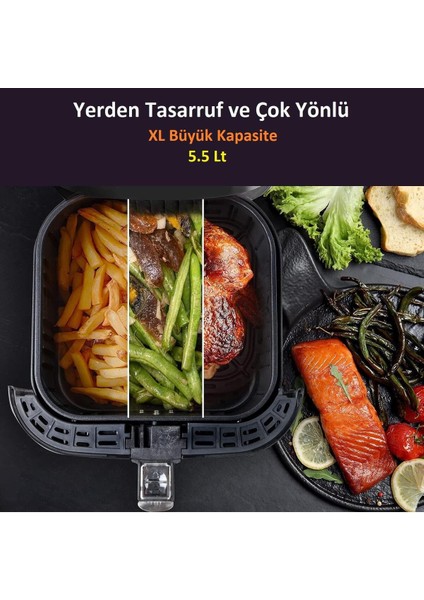 Yüksek Performanslı 1700W 5.5l Kapasiteli Hacimli Yağsız Fritöz Siyah fırsatları