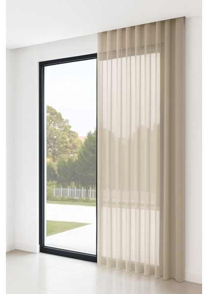 Kalın Dokulu Zırh Tül Perde - Koyu Bej - Pileli Dikim 1x2,5 Pile - ZRH411