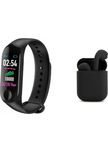 Siyah Bluetooth Set, Akıllı Bileklik ve Kulaklık, Ios ve Android Uyumlu