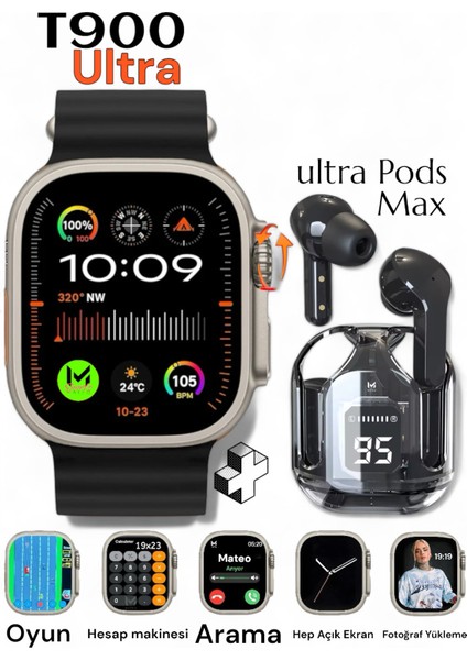 Şık Akıllı Saat ve Kablosuz Kulaklık Seti, Siyah, Dokunmatik, Bluetooth, 2'li Paket