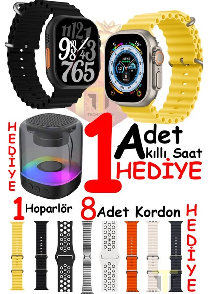 Şık ve Fonksiyonel Akıllı Saat, 8 Kordon ve Hoparlör Hediyeli, Siyah Renk