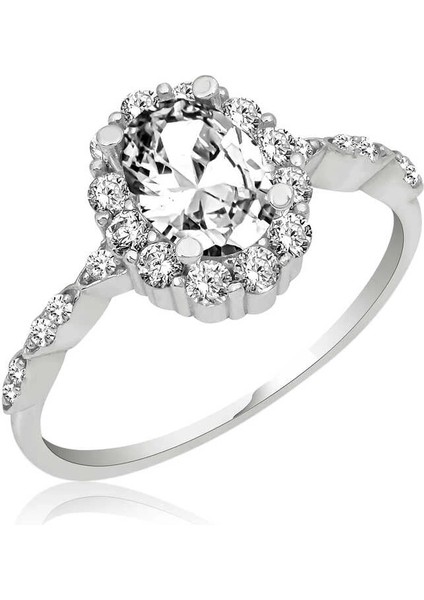 Gümüş Beyaz Oval Taşlı Kadın Yüzük