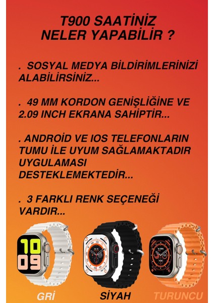 Turuncu Akıllı Saat 49MM, 2.09 Inç, Ios ve Android Uyumlu, Türkçe Menü modelleri
