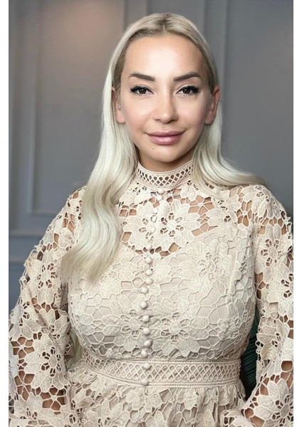 Bisiklet Yaka Dantel Önden Düğme Detaylı Krem Kadın Elbise modelleri