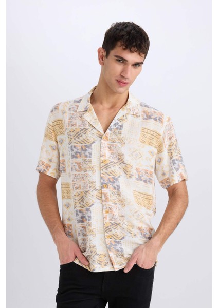 New Regular Fit Apaş Yaka Desenli Kısa Kollu Gömlek E3711AX25SM