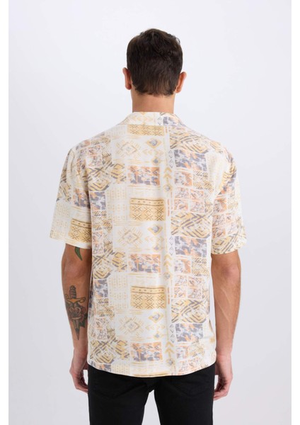 New Regular Fit Apaş Yaka Desenli Kısa Kollu Gömlek E3711AX25SM