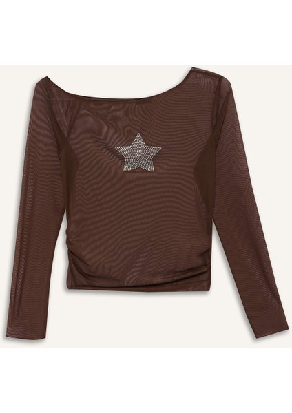 Fitted Bisiklet Yaka Tek Omuzlu Tül Uzun Kollu Tişört G2924AX25WN