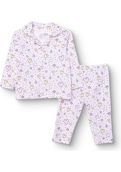 Kız Bebek Uzun Kol Pijama Takımı Interlok Gömlek Yaka Uzun Kol Reçme Paça