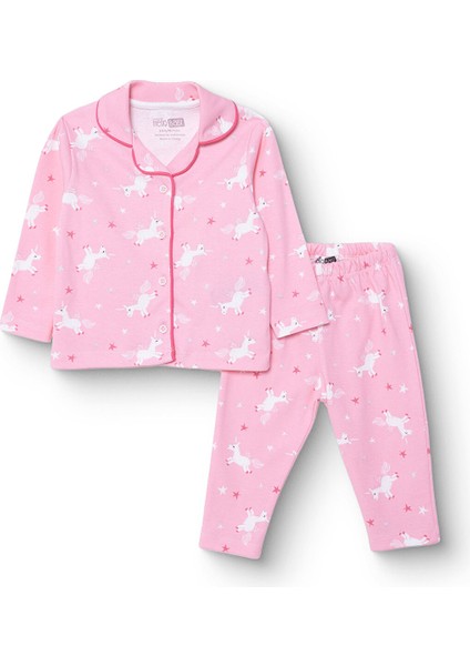 Kız Bebek Uzun Kol Pijama Takımı Interlok Gömlek Yaka Uzun Kol Reçme Paça