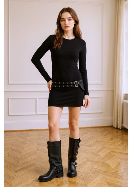 Afra x DeFacto Coool Bodycon Vücudu Saran Bisiklet Yaka Uzun Kollu Mini Elbise G3397AX25AU