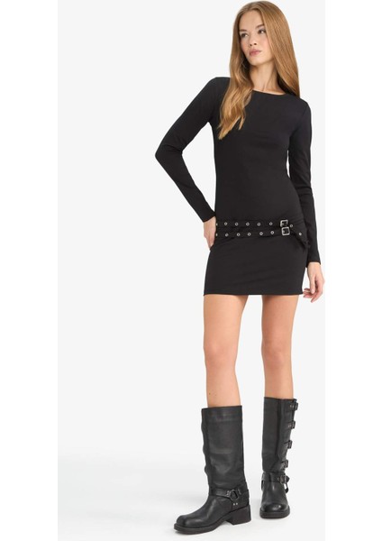 Afra x DeFacto Coool Bodycon Vücudu Saran Bisiklet Yaka Uzun Kollu Mini Elbise G3397AX25AU modelleri