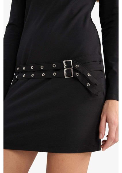 Afra x DeFacto Coool Bodycon Vücudu Saran Bisiklet Yaka Uzun Kollu Mini Elbise G3397AX25AU