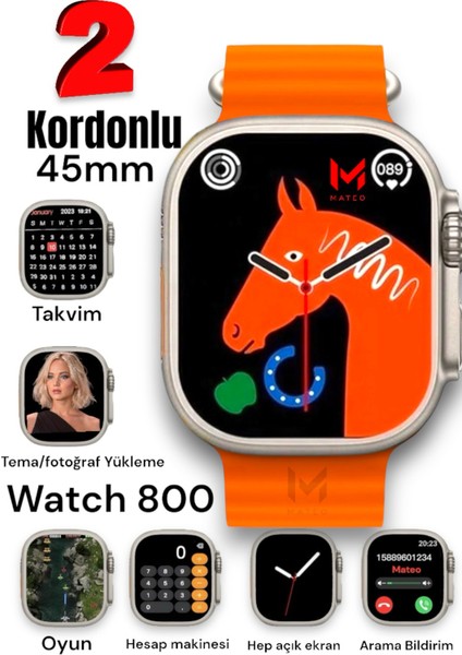 Gümüş Renkli 45MM Akıllı Saat, 1,99'' Tam Ekran, Tüm Telefonlara Uyum Sağlar