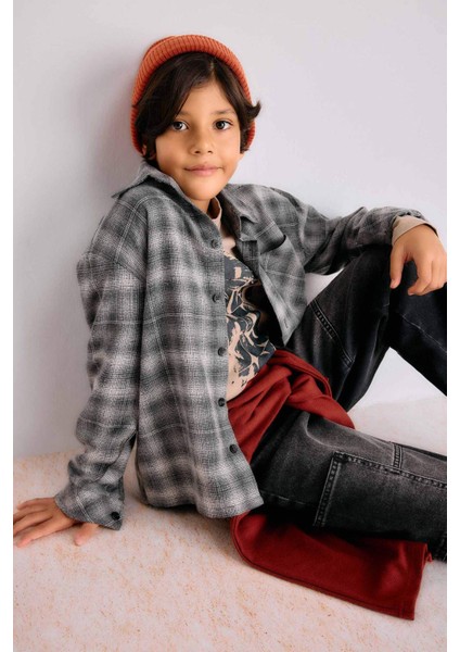 Erkek Çocuk Overshirt Fit Polo Yaka Kareli Flanel Uzun Kollu Gömlek G1970A825AU