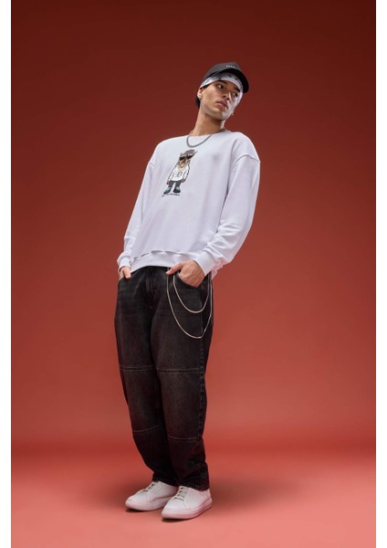 Boxy Fit Bisiklet Yaka Baskılı Sweatshirt E9331AX25AU fiyatları