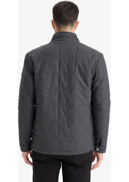 Slim Fit Dar Kesim Dik Yaka Astarlı Fermuarlı Cepli Kışlık Şişme Penye Mont E7888AX25AU