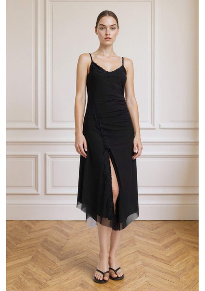 Afra x DeFacto Coool Asimetrik V Yaka Tül Askılı Midi Elbise F9608AX25AU