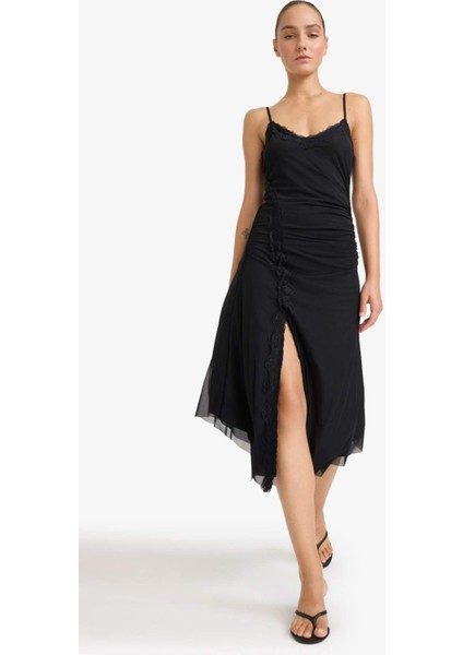 Afra x DeFacto Coool Asimetrik V Yaka Tül Askılı Midi Elbise F9608AX25AU fiyatları