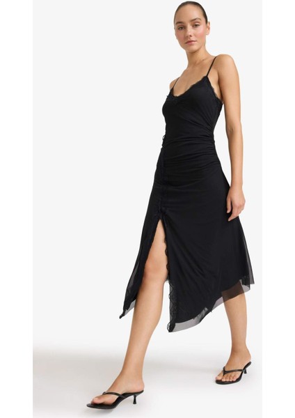 Afra x DeFacto Coool Asimetrik V Yaka Tül Askılı Midi Elbise F9608AX25AU fırsatları